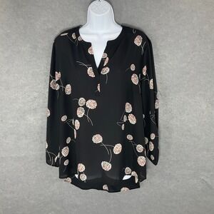 Daniel Rainn Floral Blouse Split Neck 3/4 Sleeve Black Top Sheer Lightweight‎ XL
